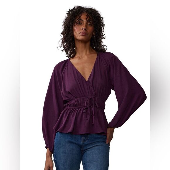 no comment Tops - Purple/Magenta Long Sleeve V-Neck Peplum Waist Top w Bubble Sleeves Ruched Waist